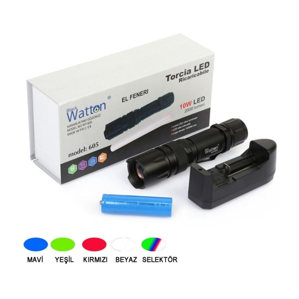 Watton 10W 2000 Lümen 4 Renk Güçlü El Feneri WT-605