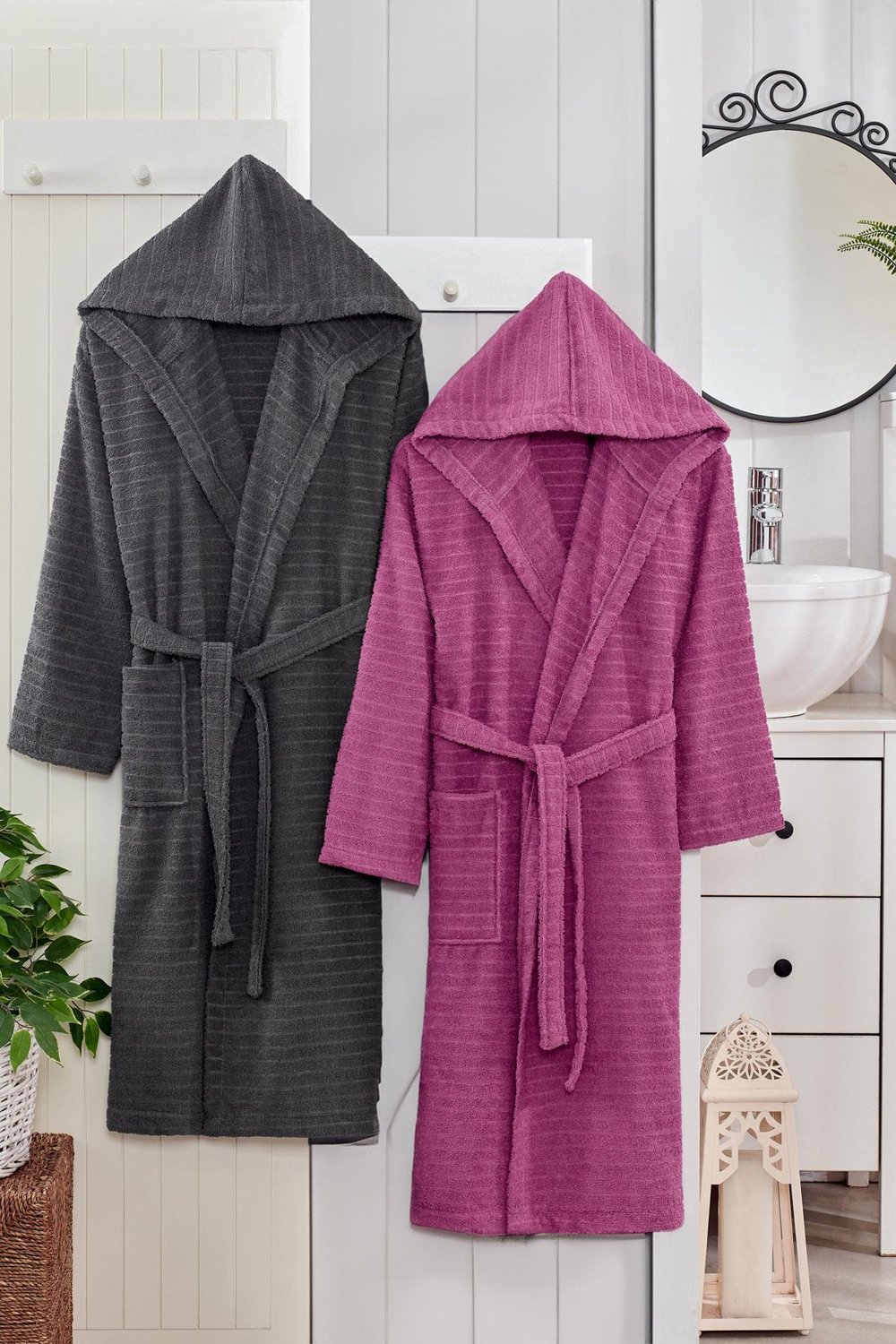 2 li Kapşonlu Unisex Banyo Bornozu Seti  %100 Soft Pamuklu