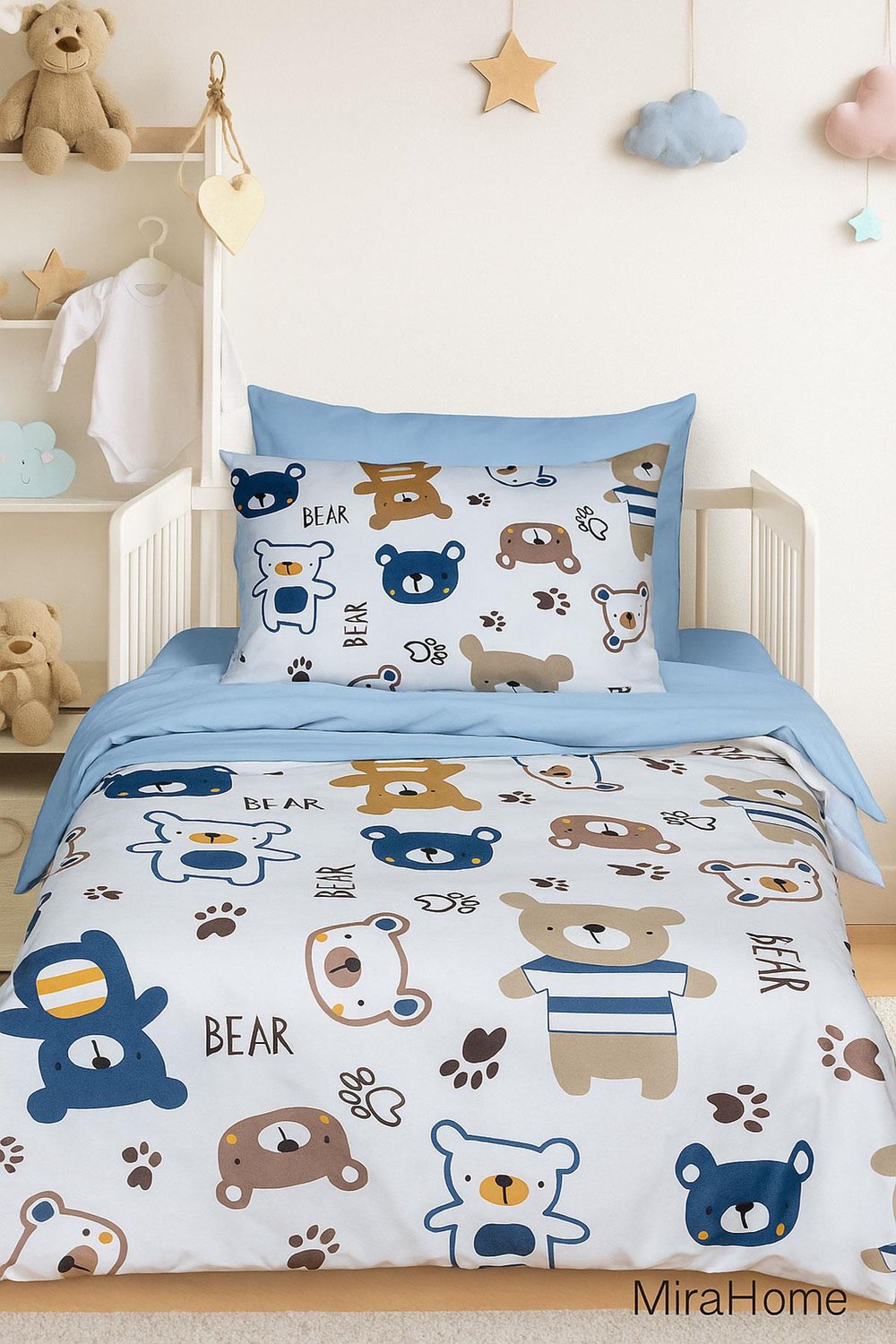 Dijital Baskılı 3d Pamuklu Yenidoğan Bebek Nevresim Takımı Bear Toy Blue