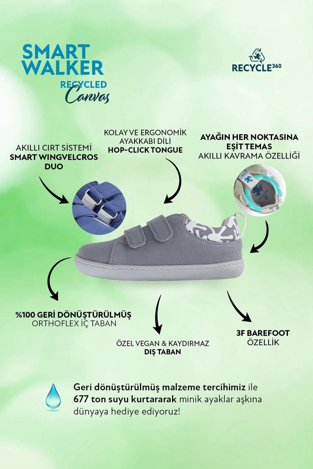 Smart Walker Canvas Play Eco Gri Barefoot Çocuk Ayakkabı