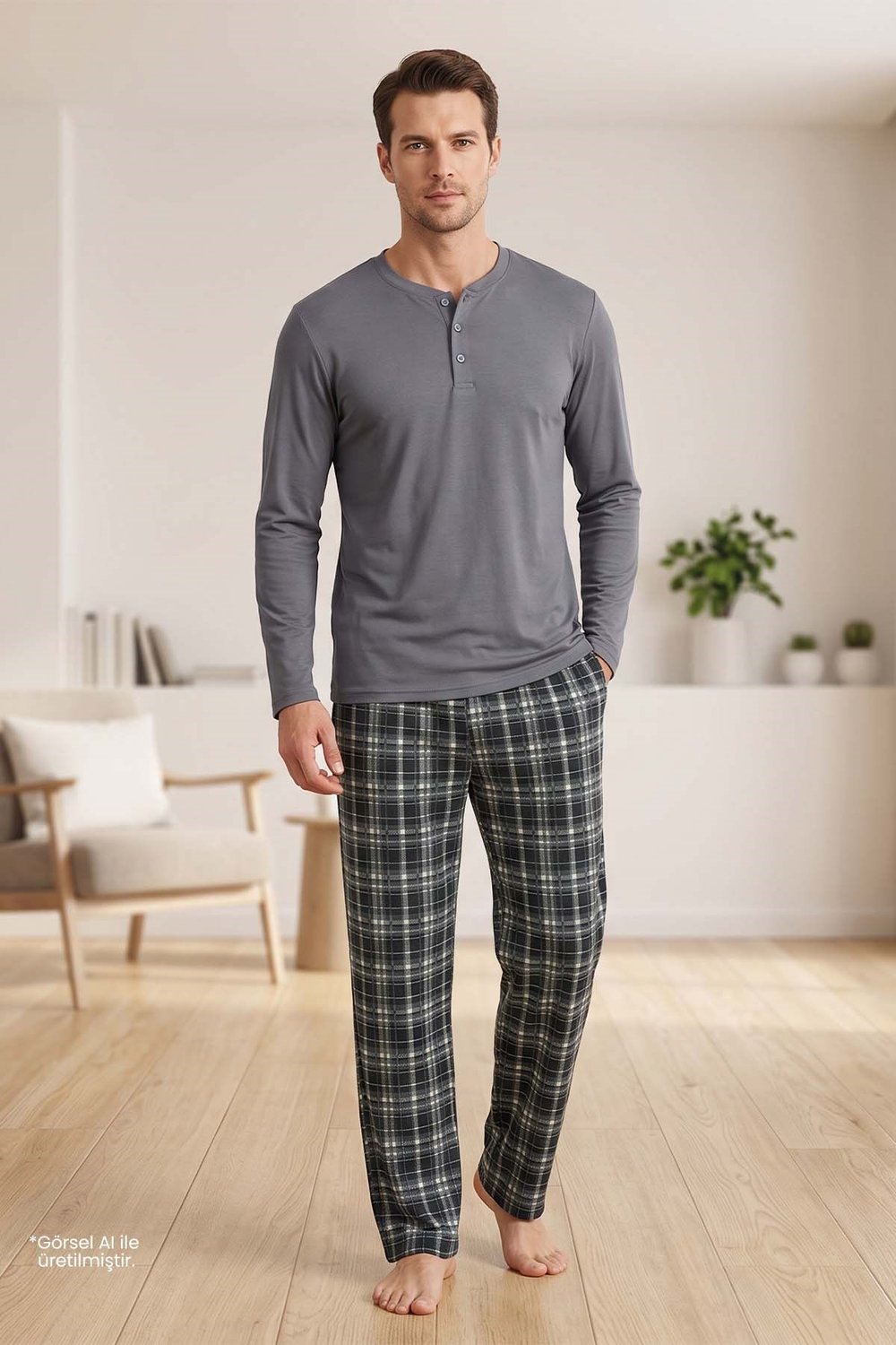 Erkek Füme Uzun Kollu Patlı Pijama Takımı