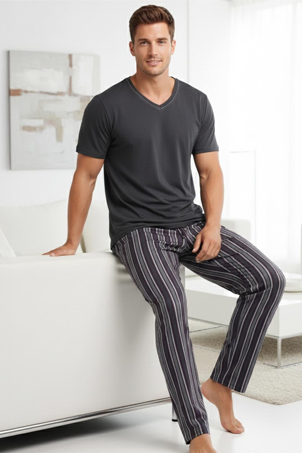 Erkek Füme V Yaka Kısa Kollu Pijama 15330