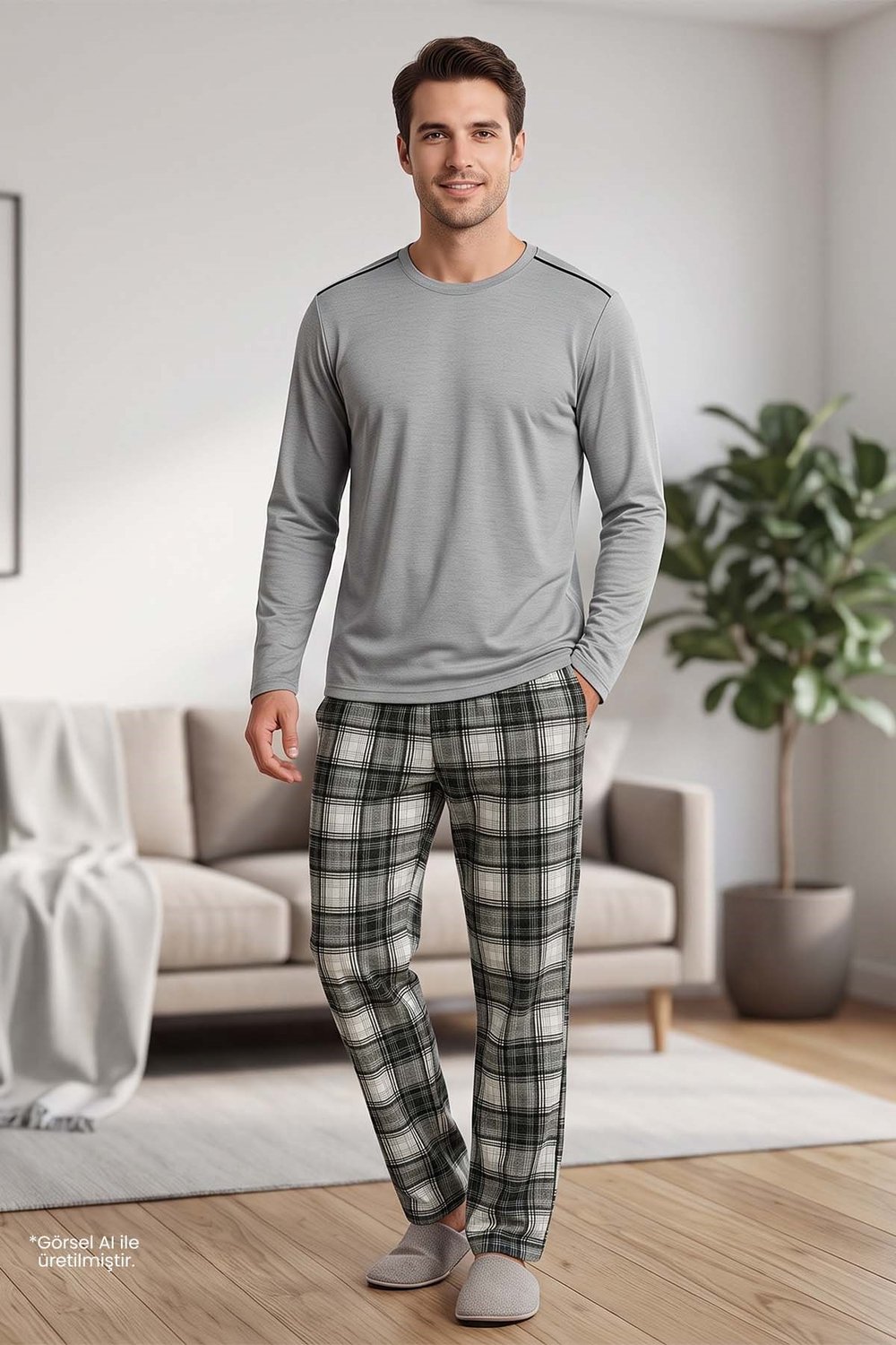 Erkek Gri Uzun Kollu Pijama Takımı