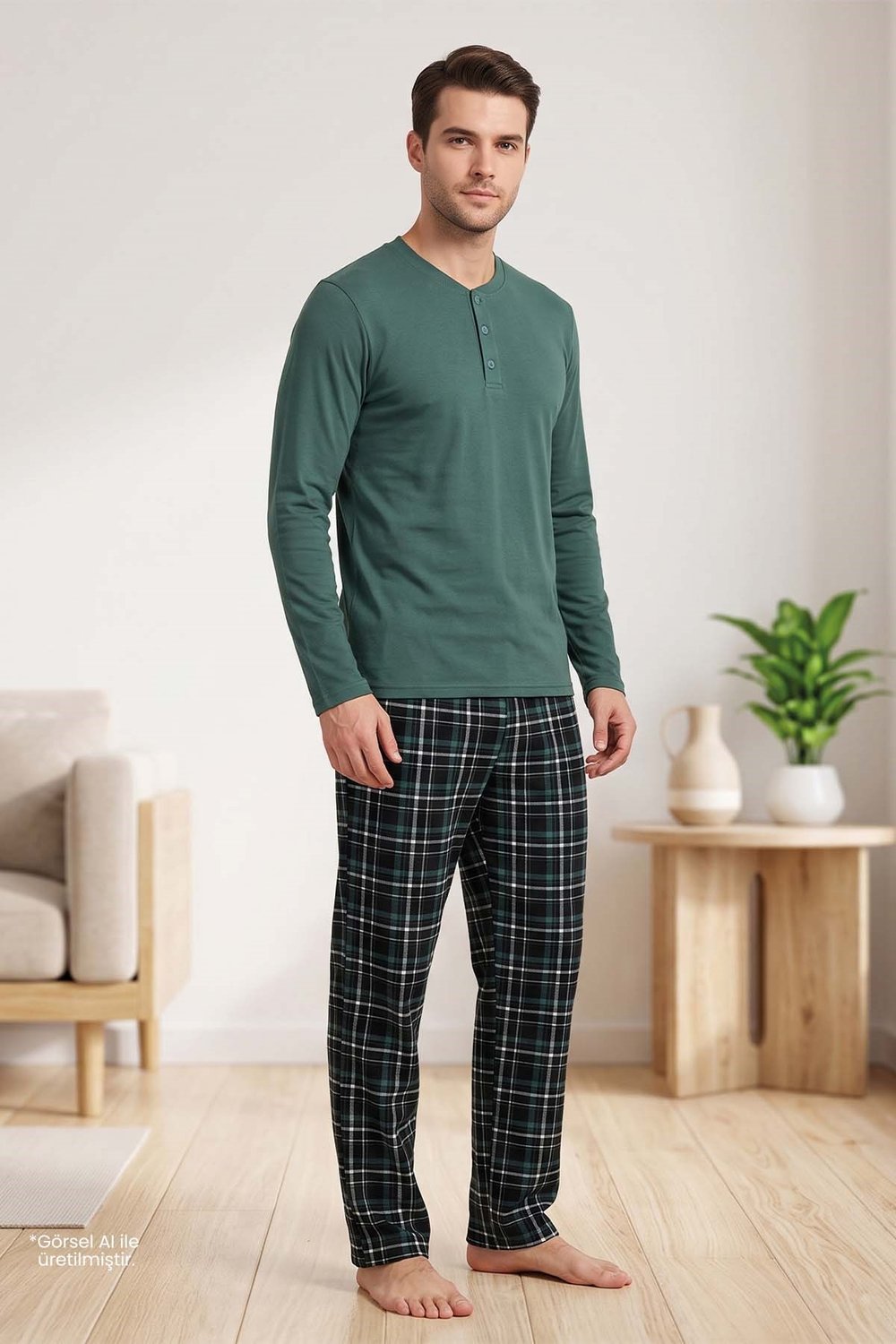 Erkek Turkuaz Uzun Kollu Patlı Pijama Takımı