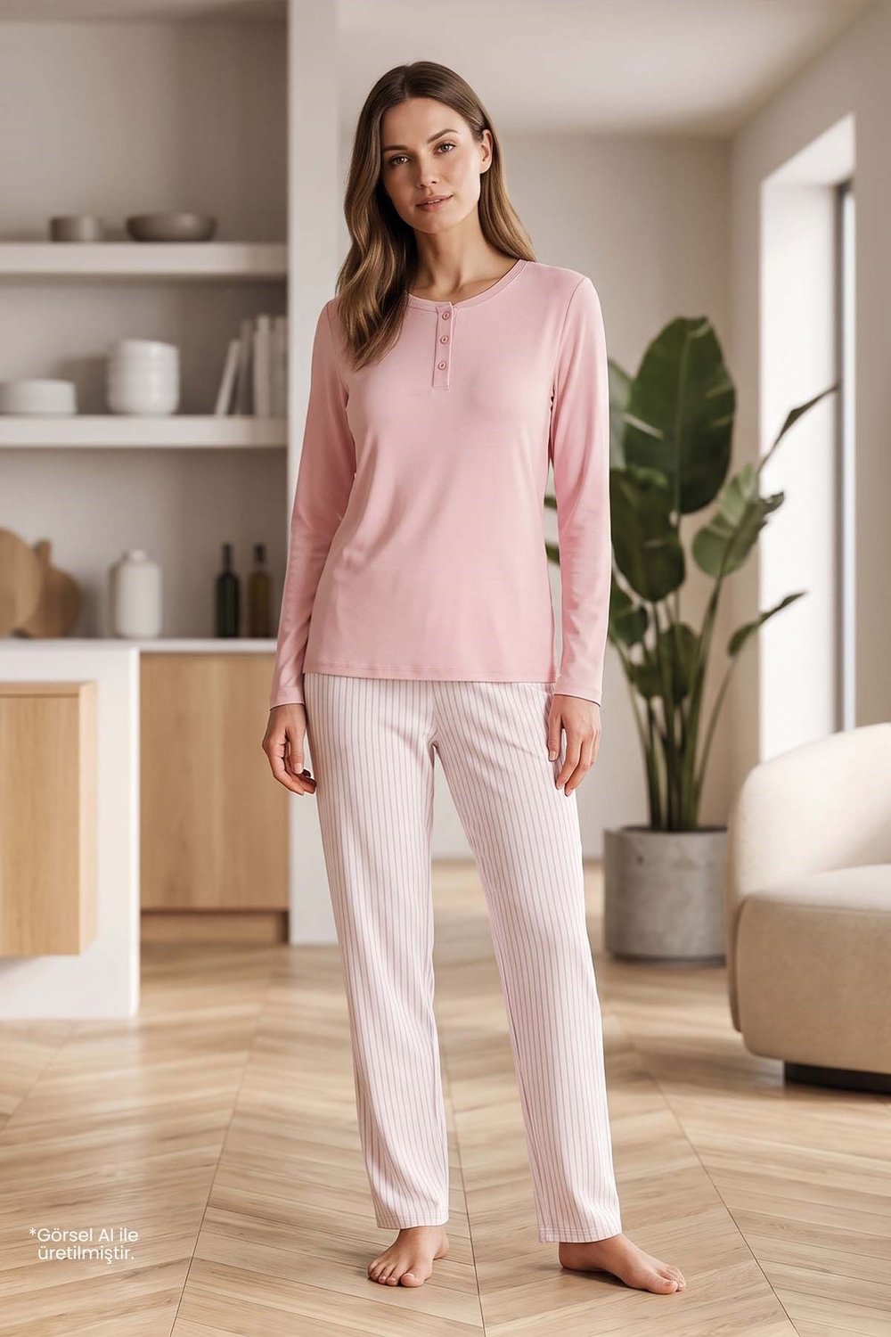 Kadın Açık Pembe Uzun Kollu Pijama Takımı