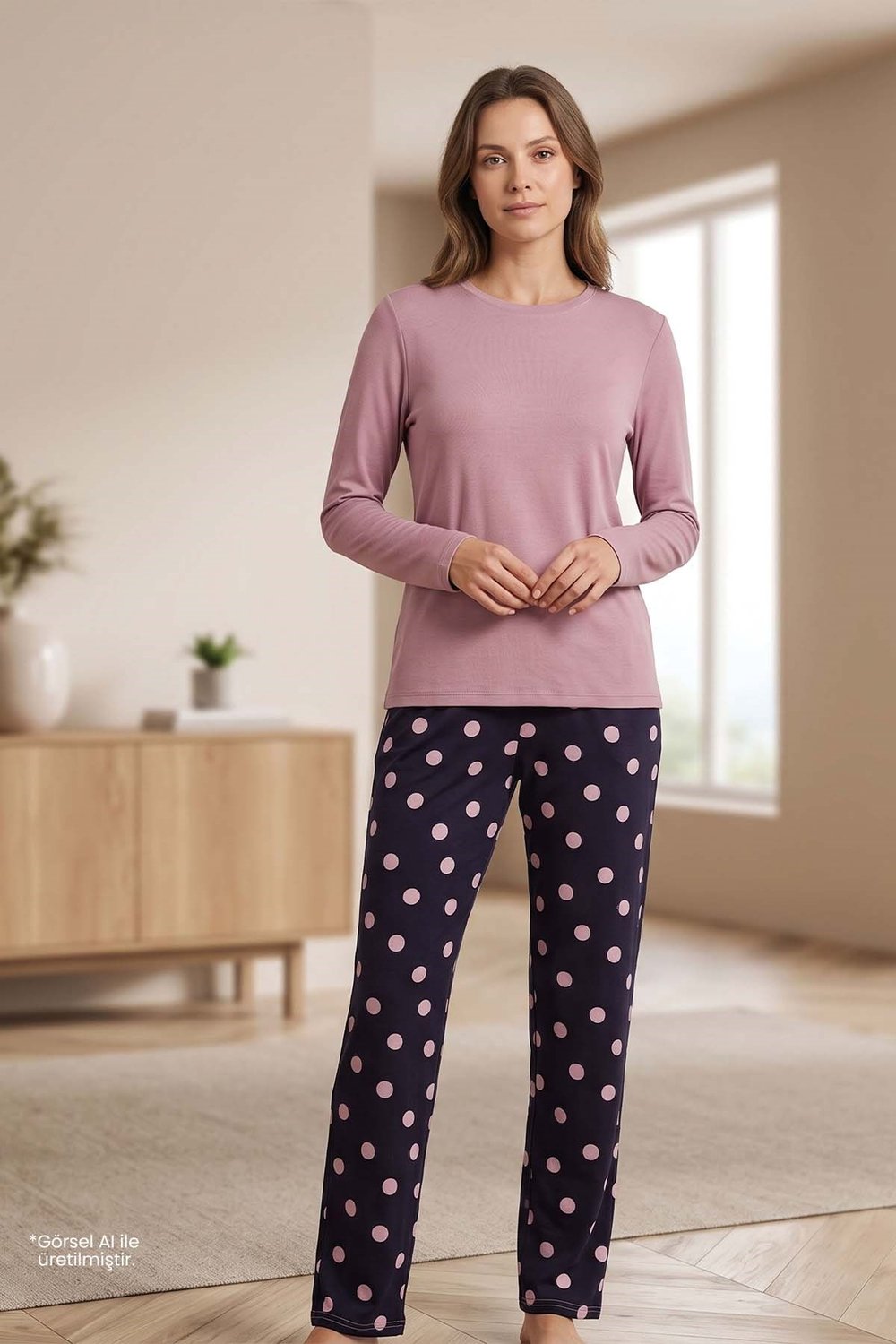 Kadın Gül Kurusu Uzun Kollu Pijama Takımı