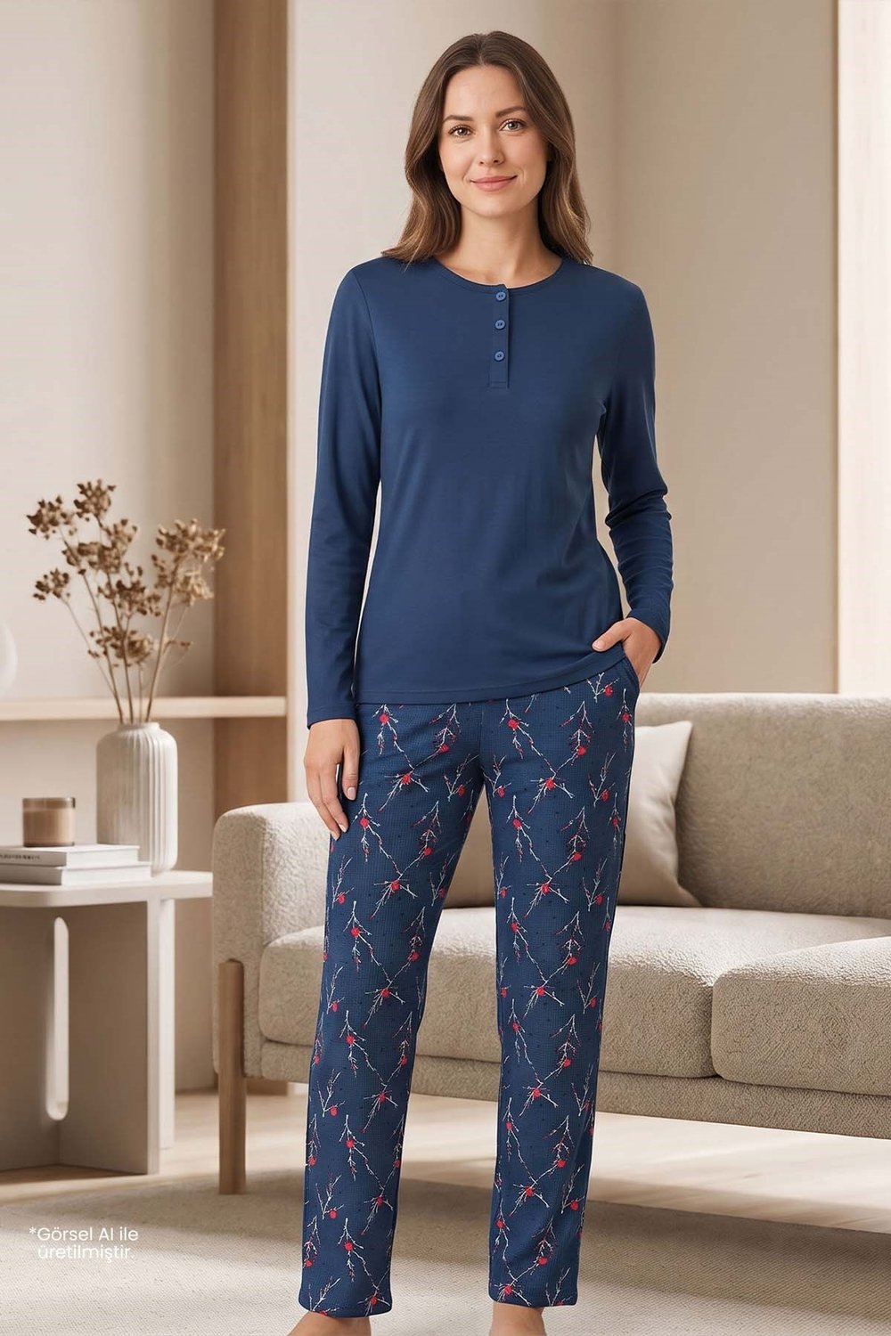Kadın İndigo Uzun Kollu Pijama Takımı