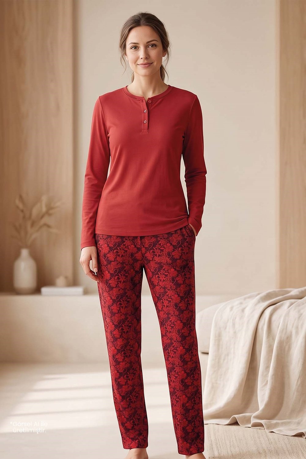 Kadın Kiremit Uzun Kollu Pijama Takımı