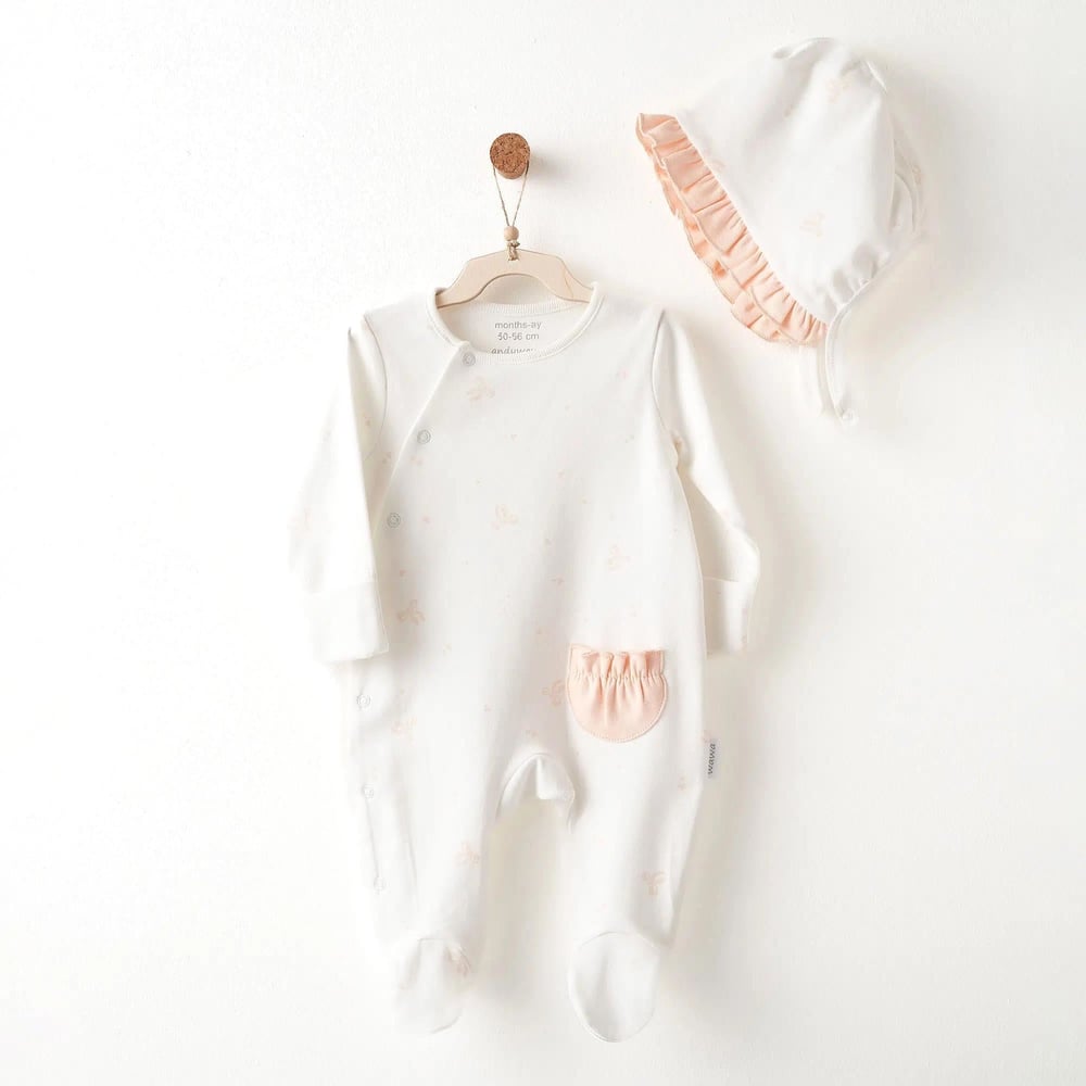 Andywawa Kız Bebek Romper Hat Little Swan Love Şapkalı Patikli Tulum Ekru AC26533