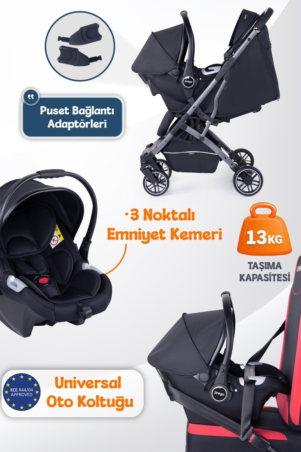 Prego Lotus Pro Kabin Boy Travel Bebek Arabası -Tek Elle Katlanır-Hafif -UV Tenteli -Yağmurluk-Örtü-Kılıf Siyah