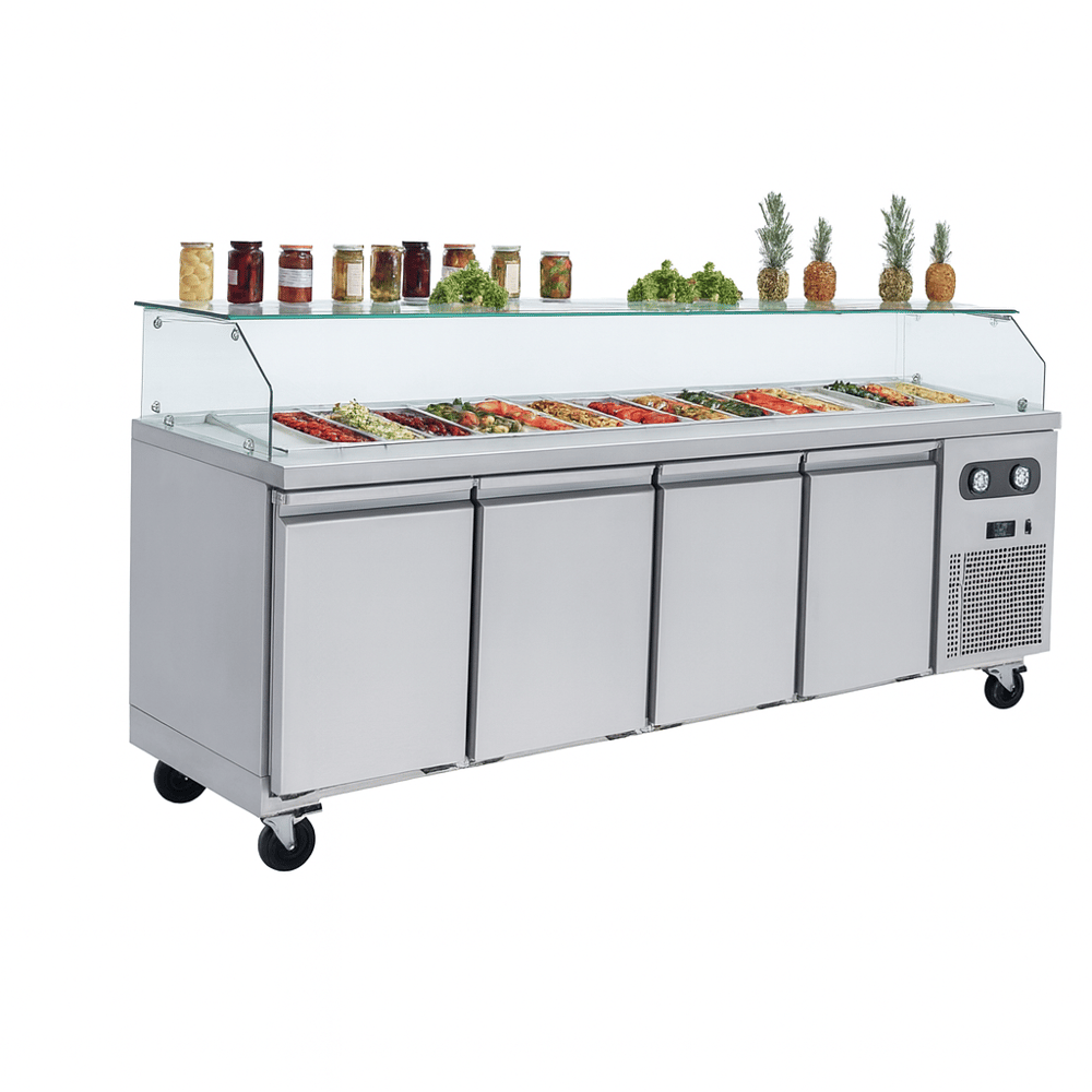 Frenox 233x70x130 cm. 10 Adet GN-1/6x100 Küvet Kapasiteli,Camlı Soğuk Servis Üniteli Yatay Tip Buzdolabı KCN4-R290