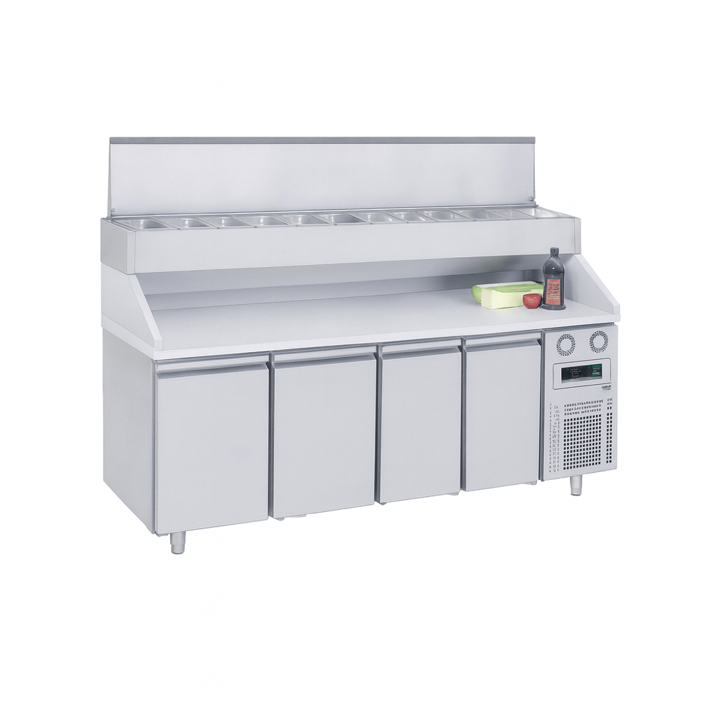 Frenox 233x70x134 cm. 12 Adet 1/3 x150 GN Küvet Kapasiteli,Mermer Taplalı, Yükseltilmiş Make-Up,Pizza Hazırlık Dolabı CGN4-YM-MR-R290