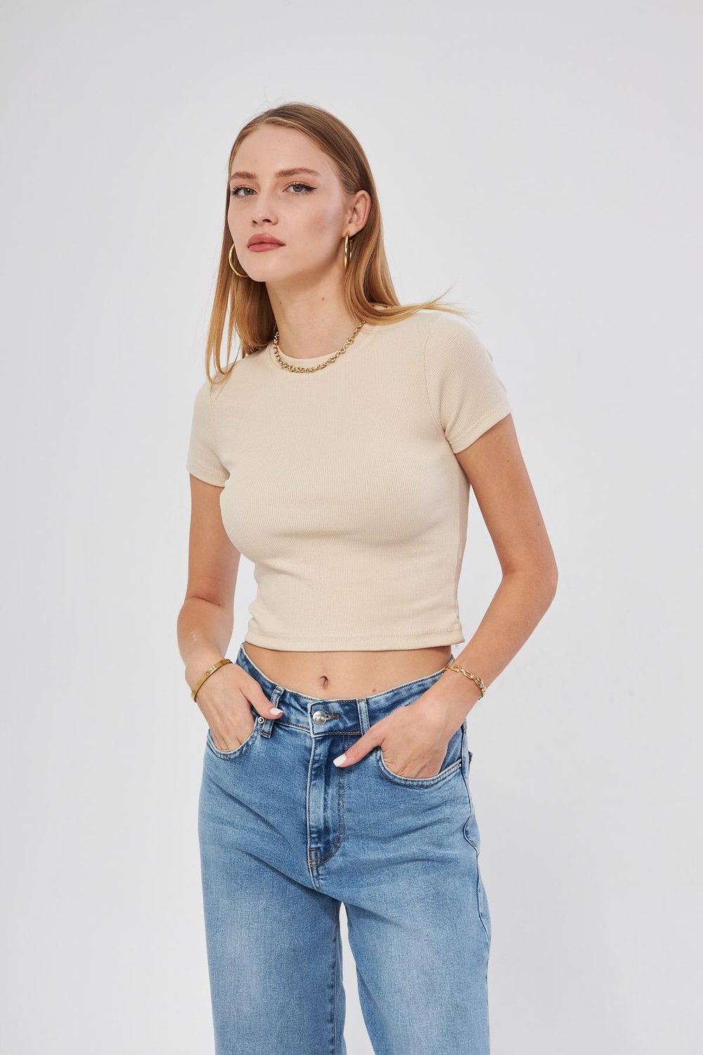 Bisiklet Yaka Kısa Kol Badi Crop Coton Body 4020