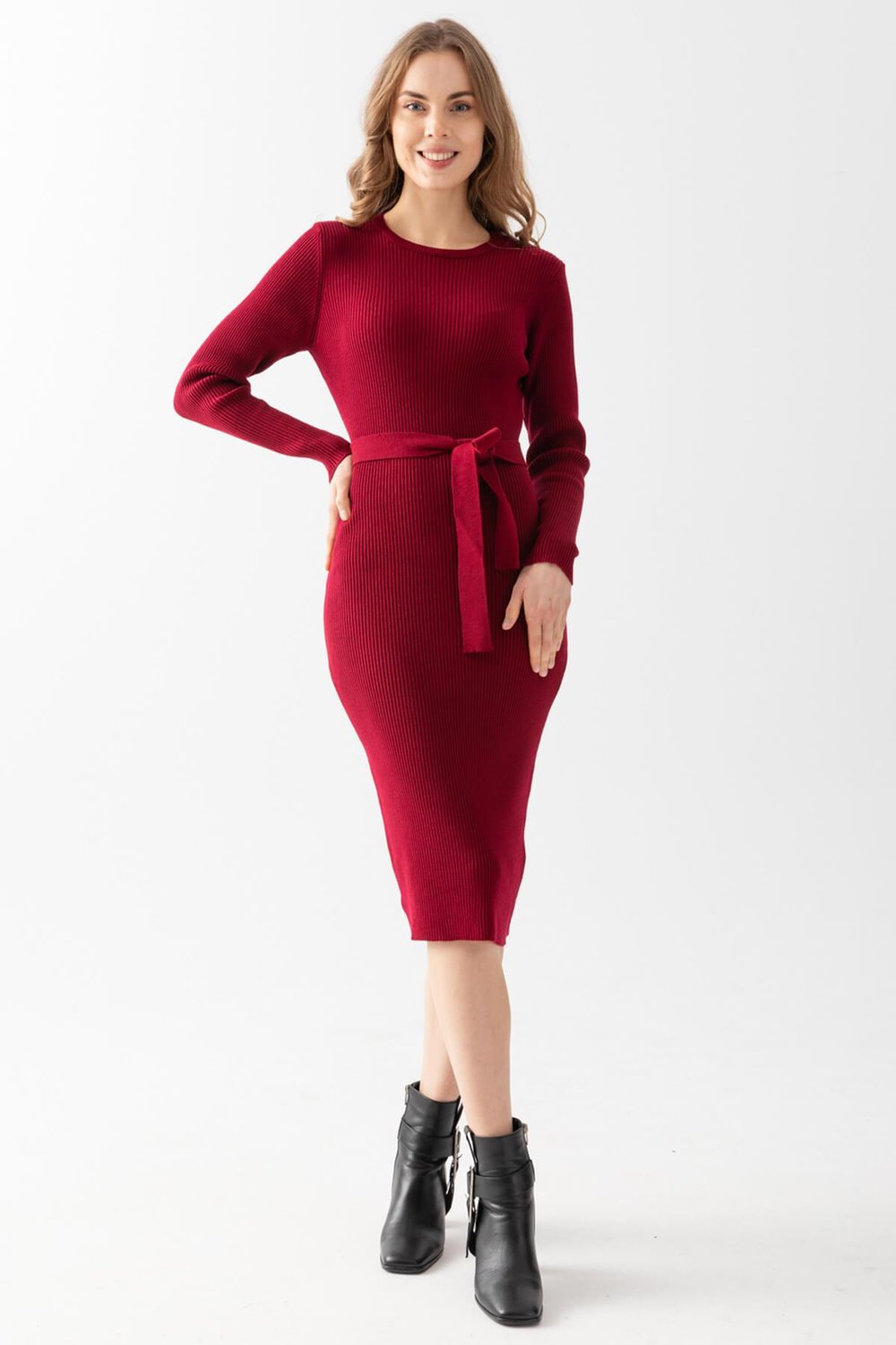 Bisiklet Yaka Fitilli Triko Elbise 4080 Bordo