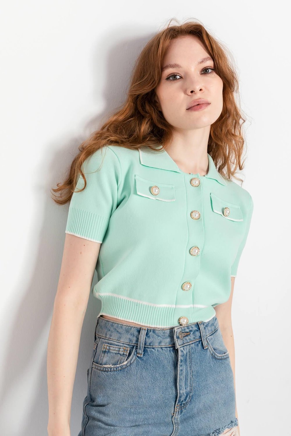 Polo Yaka Triko Crop İnci Düğmeli Hırka 2203