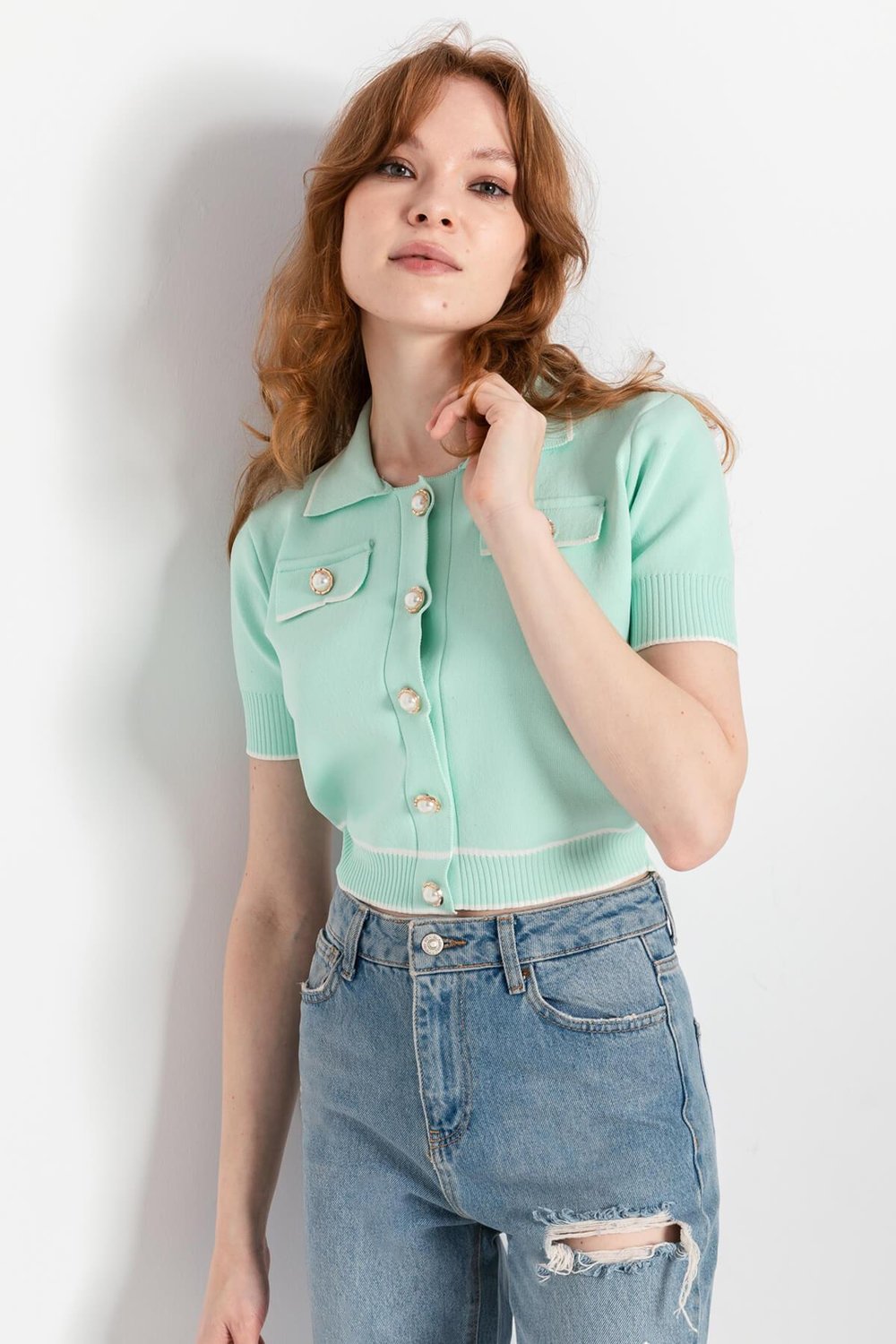 Polo Yaka Triko Crop İnci Düğmeli Hırka 2203