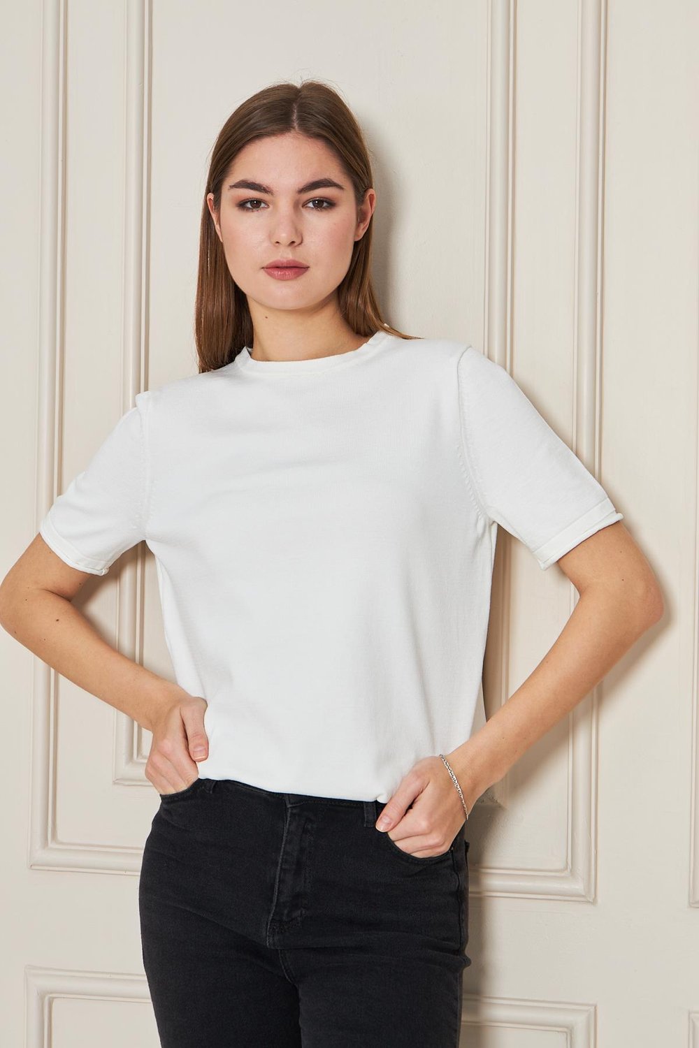 Kadın Bisiklet Yaka Kısa Kollu Triko Bluz Basic Bluz 25222 Ekru