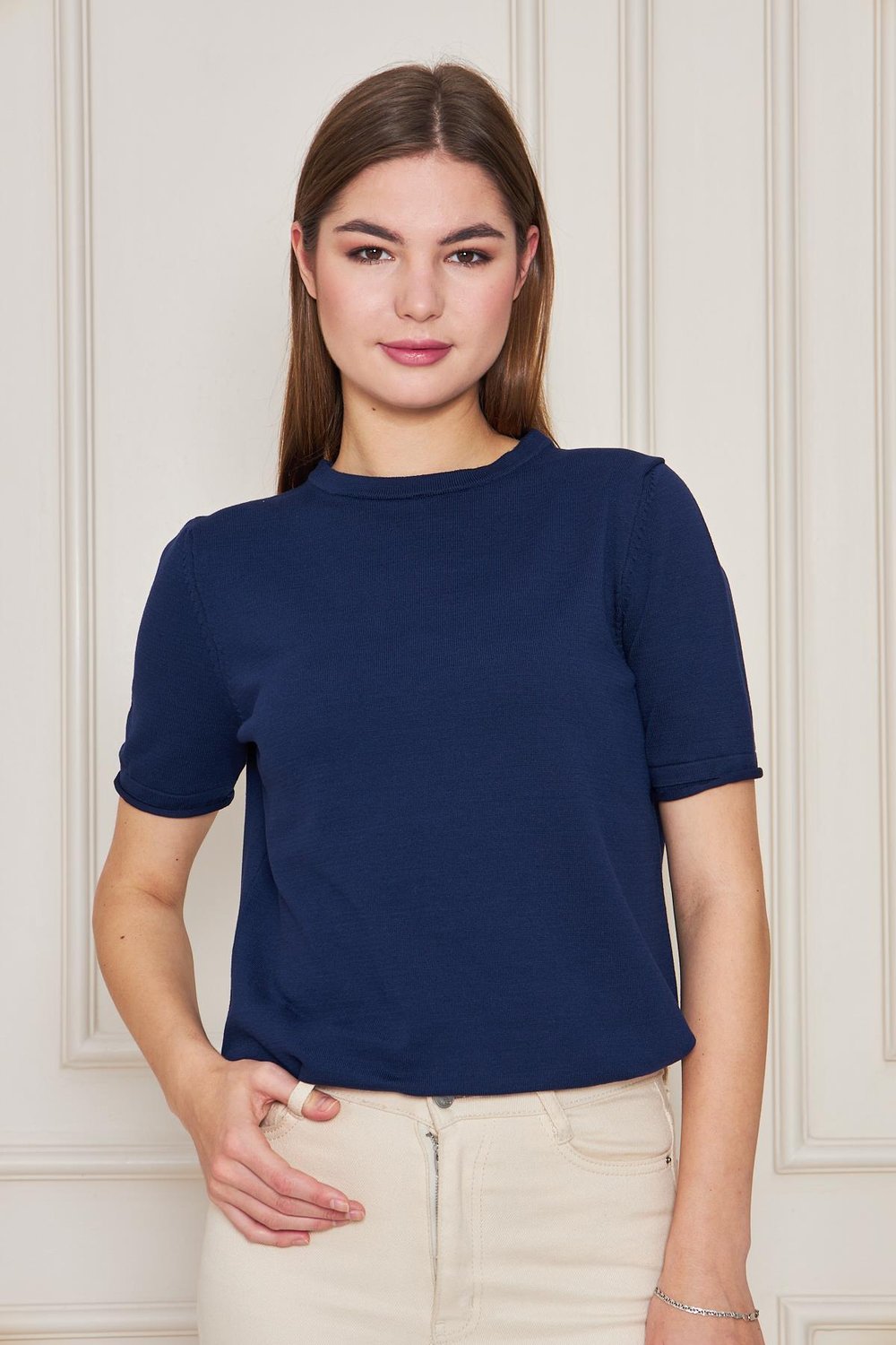 Kadın Bisiklet Yaka Kısa Kollu Triko Bluz Basic Bluz 25222 Lacivert