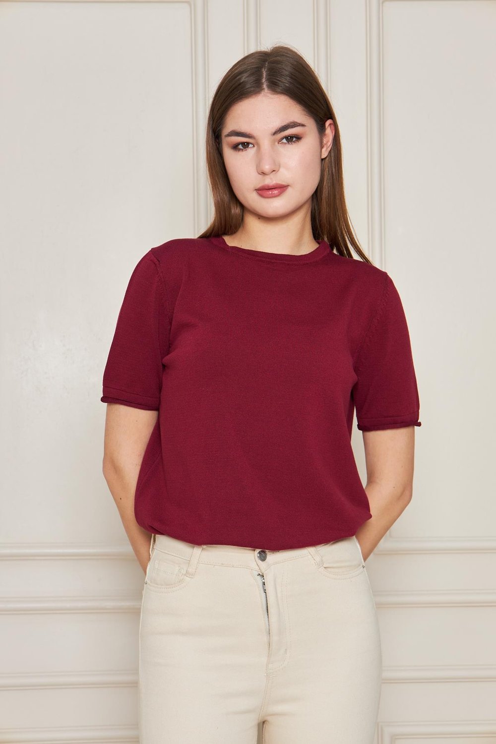 Kadın Bisiklet Yaka Kısa Kollu Triko Bluz Basic Bluz 25222 Bordo