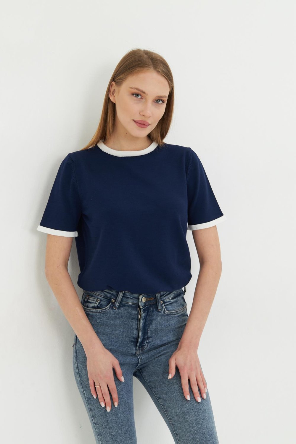Kadın Bisiklet Yaka Renkli Biyeli Kısa Kol Triko Bluz 2105 Laci-Ekru