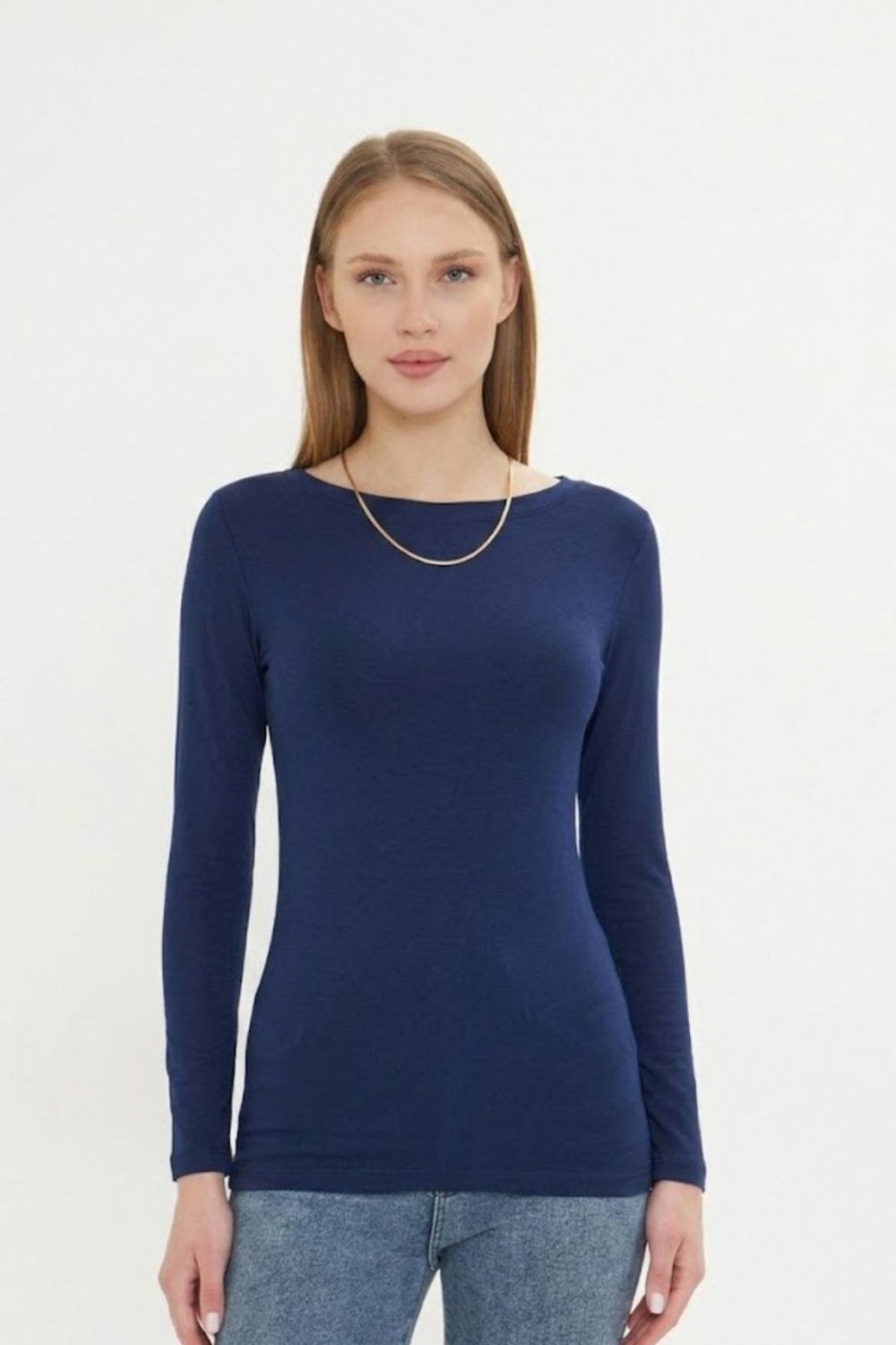 Kadın Kayık Yaka Basic Uzun Kollu Body Likralı Bluz  Viskon Body 160 Lacivert