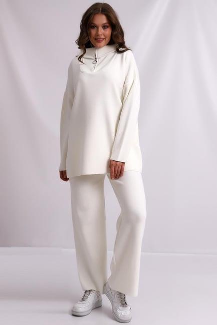 Oversize Fermuarlı Triko Alt Üst Takım 1805 Ekru