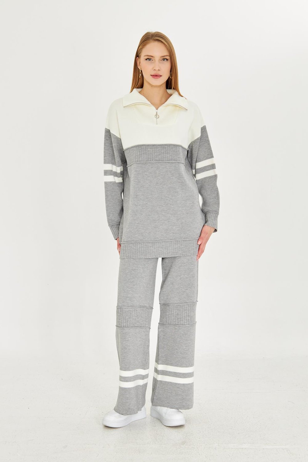 Oversize Triko Alt Üst Eşofman Takımı 1230 Gri-Ekru