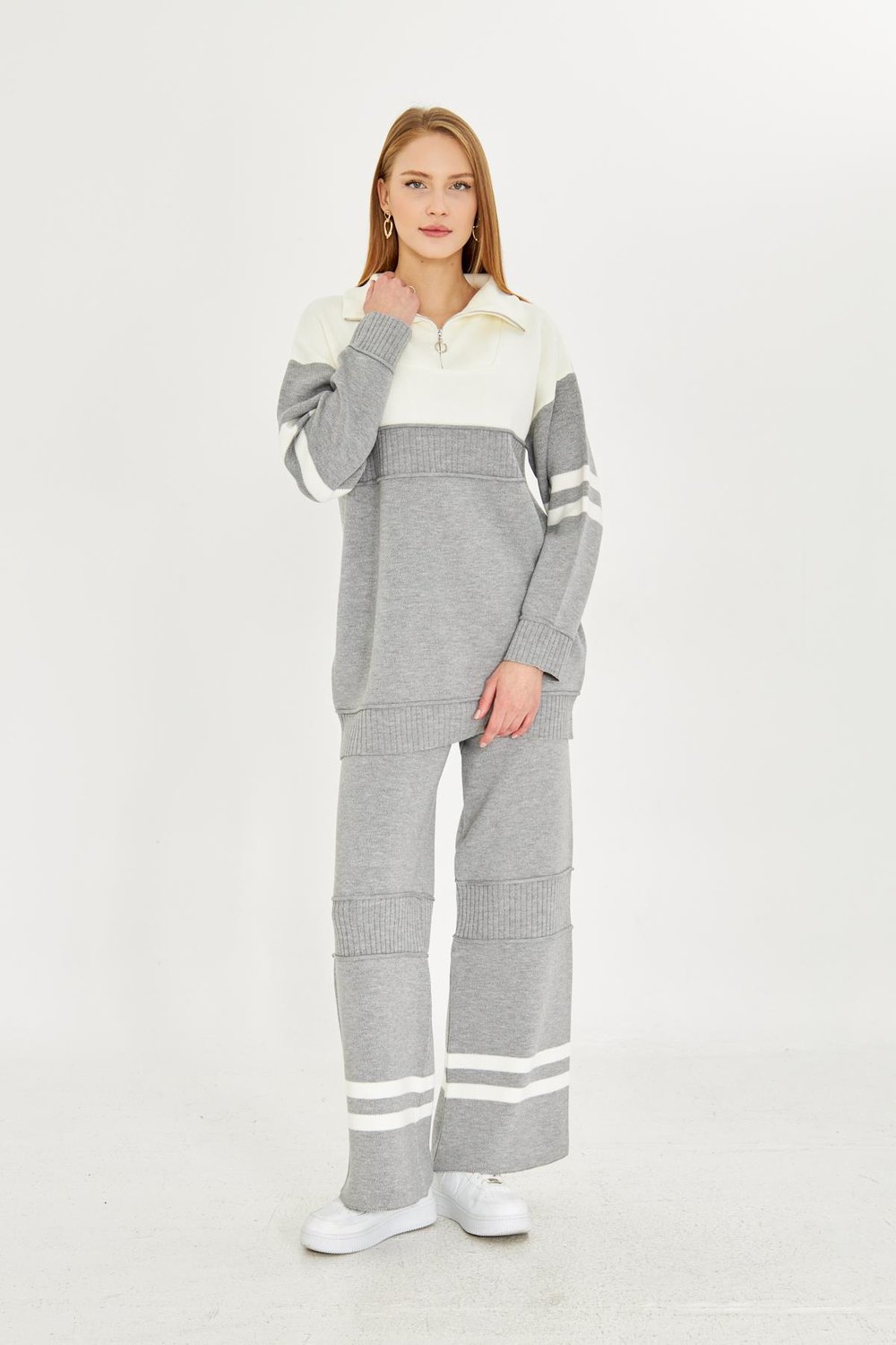 Oversize Triko Alt Üst Eşofman Takımı 1230 Gri-Ekru