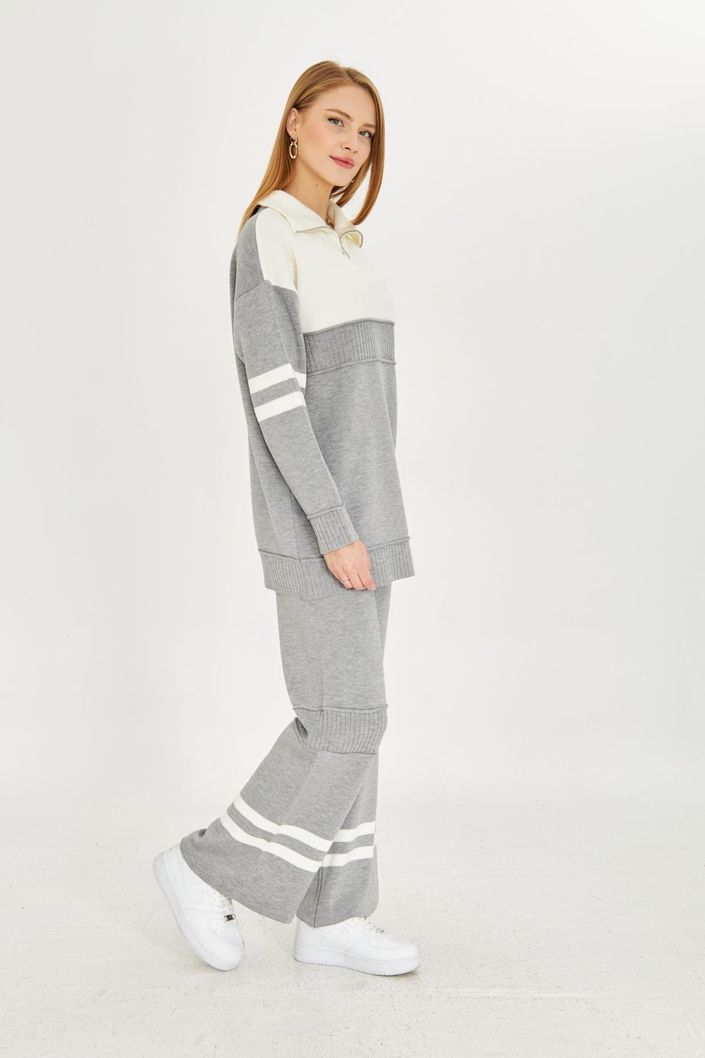 Oversize Triko Alt Üst Eşofman Takımı 1230 Gri-Ekru