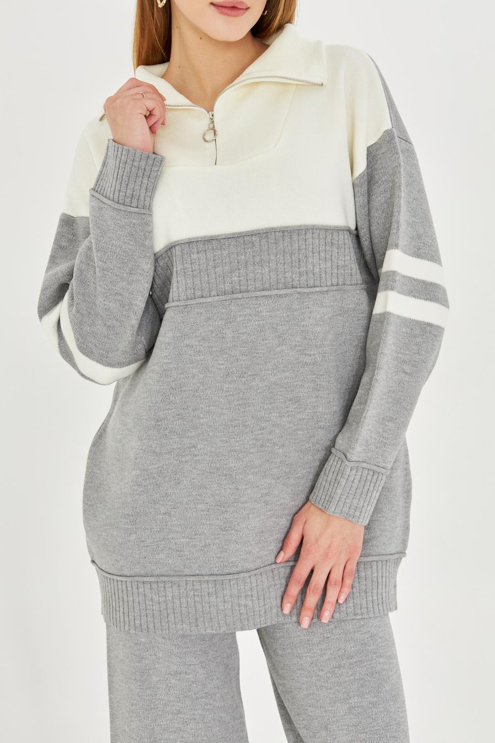 Oversize Triko Alt Üst Eşofman Takımı 1230 Gri-Ekru