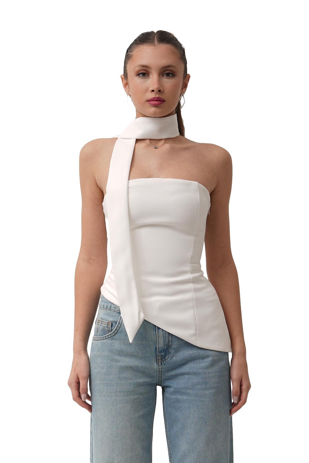 Arias Straplez Fular Detay Beyaz Bluz