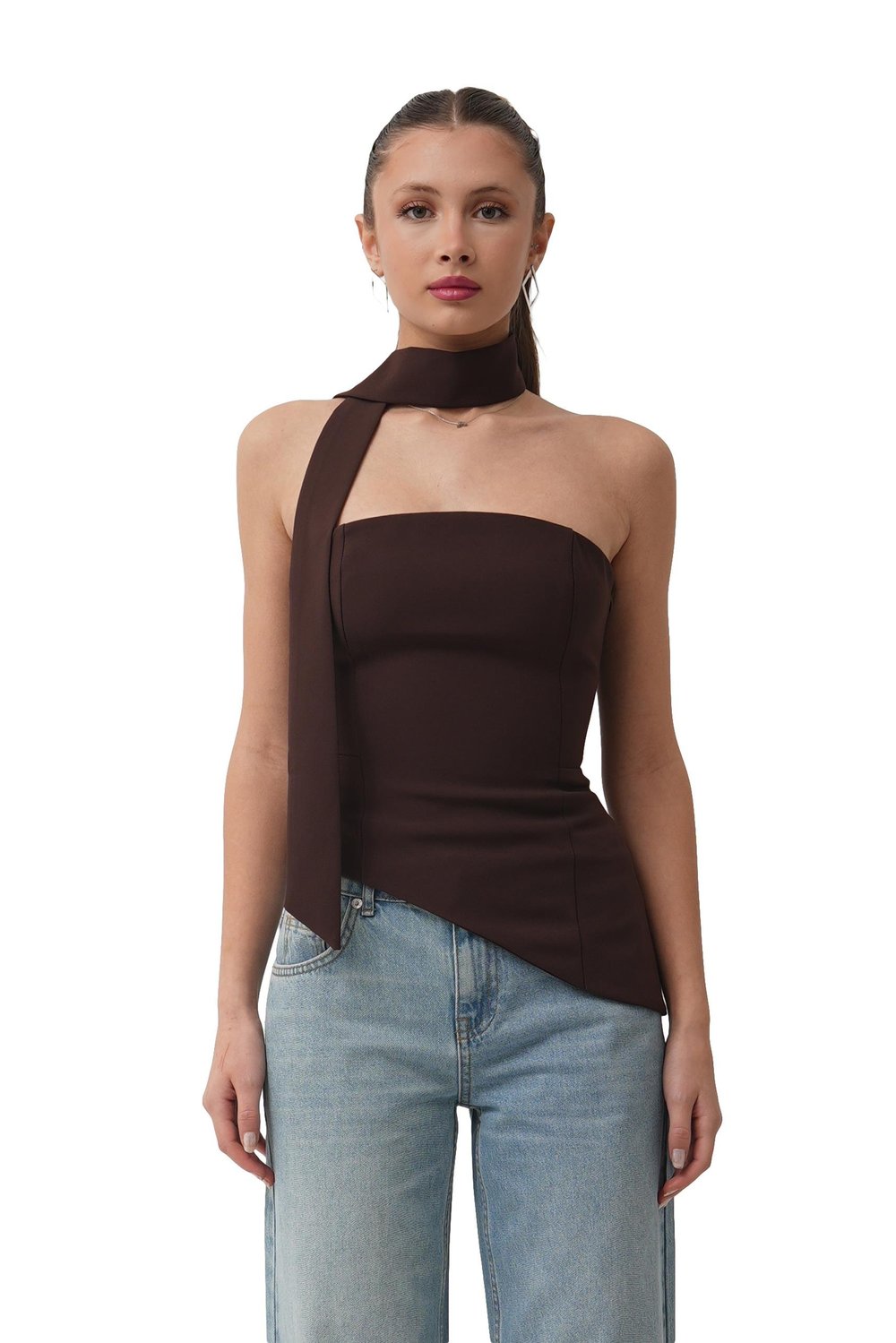 Arias Straplez Fular Detay Kahve Bluz