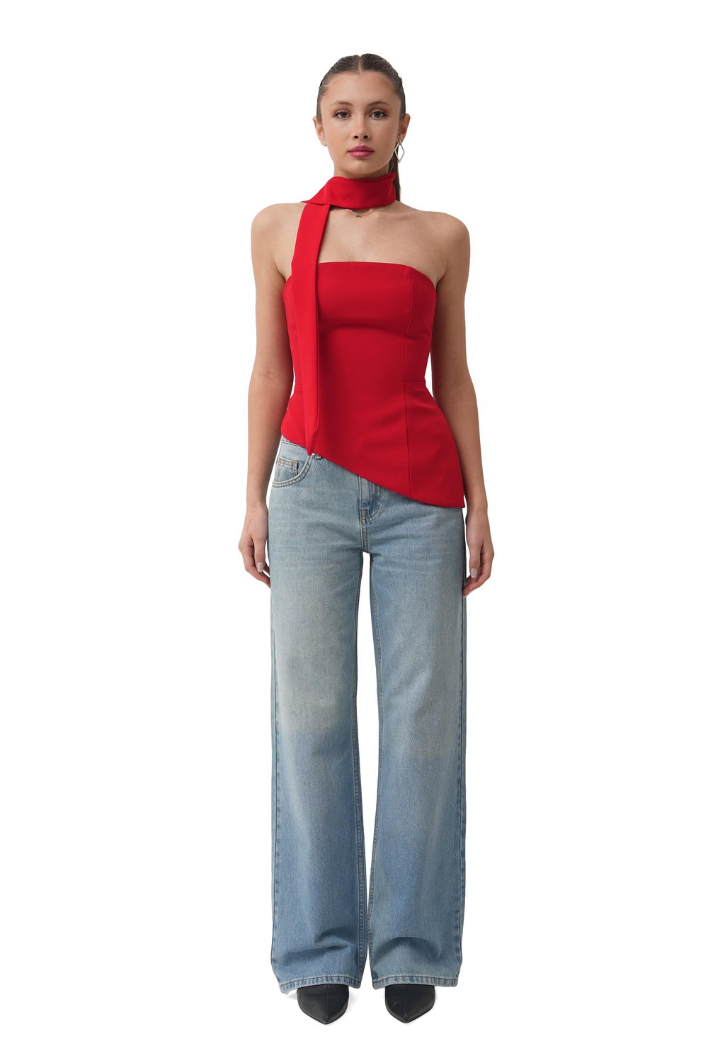 Arias Straplez Fular Detay Kırmızı Bluz