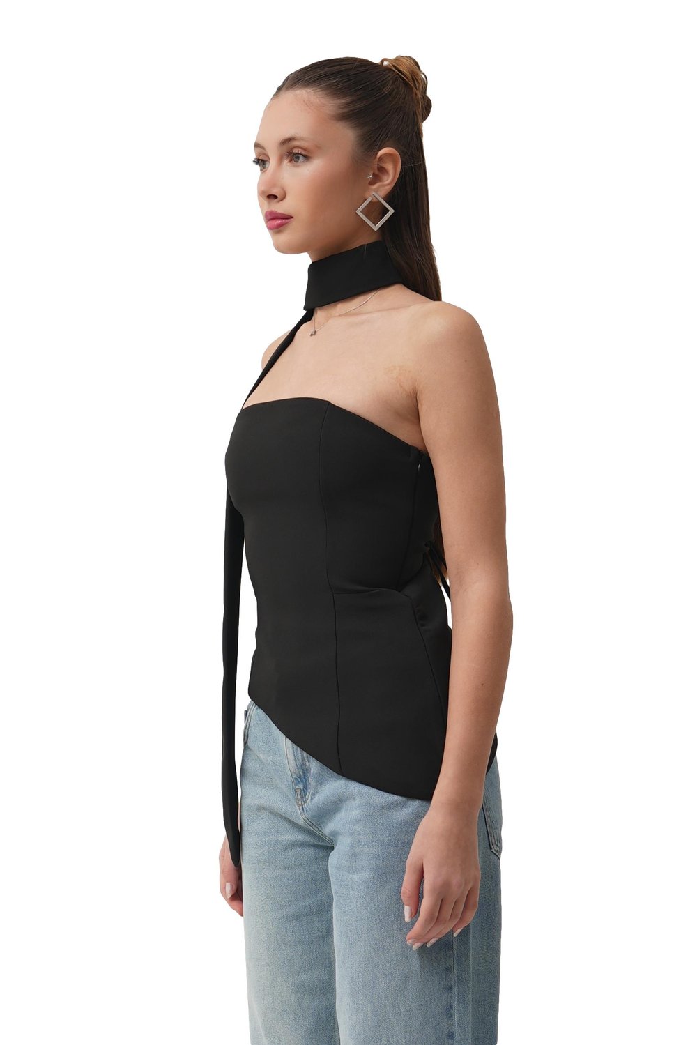 Arias Straplez Fular Detay Siyah Bluz