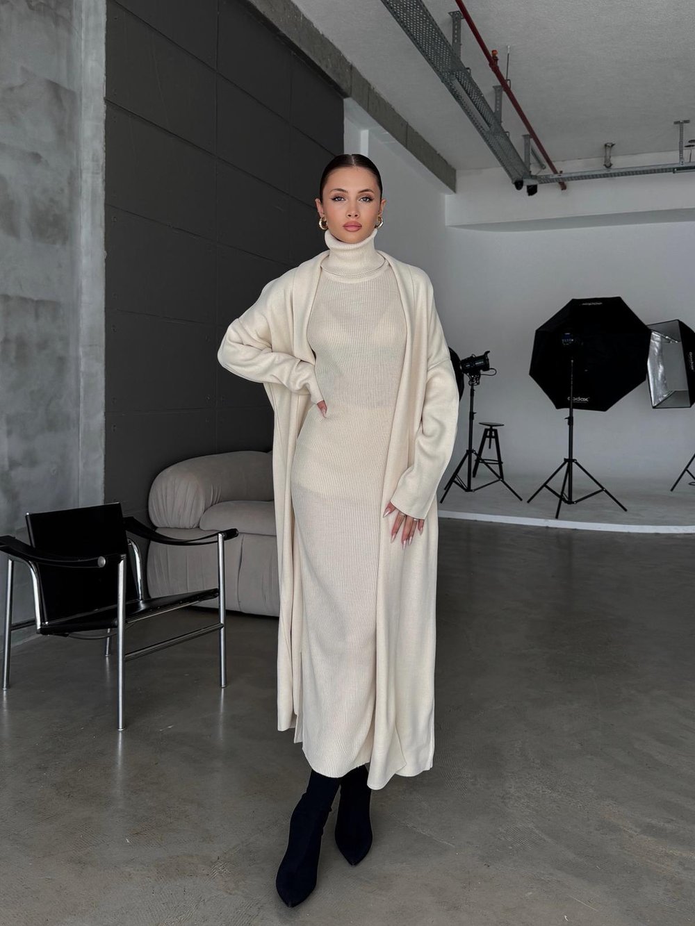 Blush Ekru Elbise Triko Hırka Takım