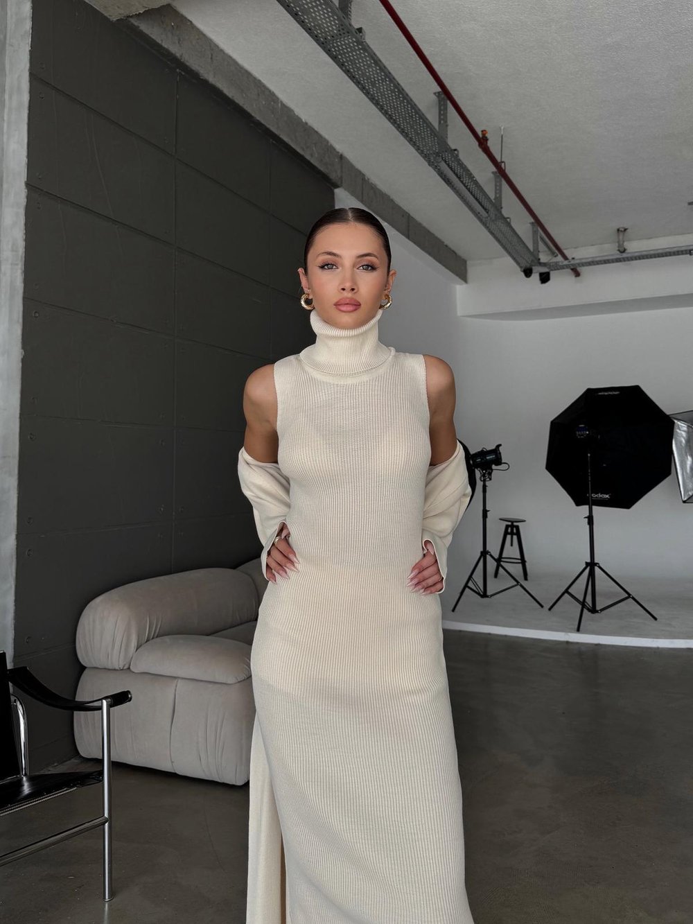 Blush Ekru Elbise Triko Hırka Takım