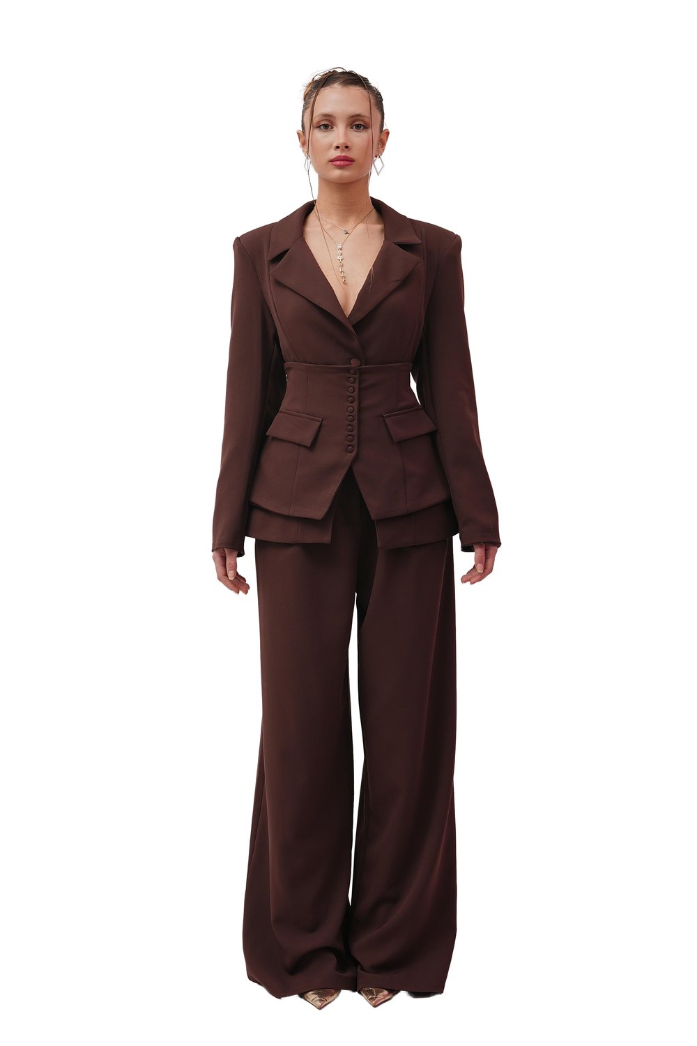 Calista Kruvaze Düğme Detay Kahve 3lü Takım