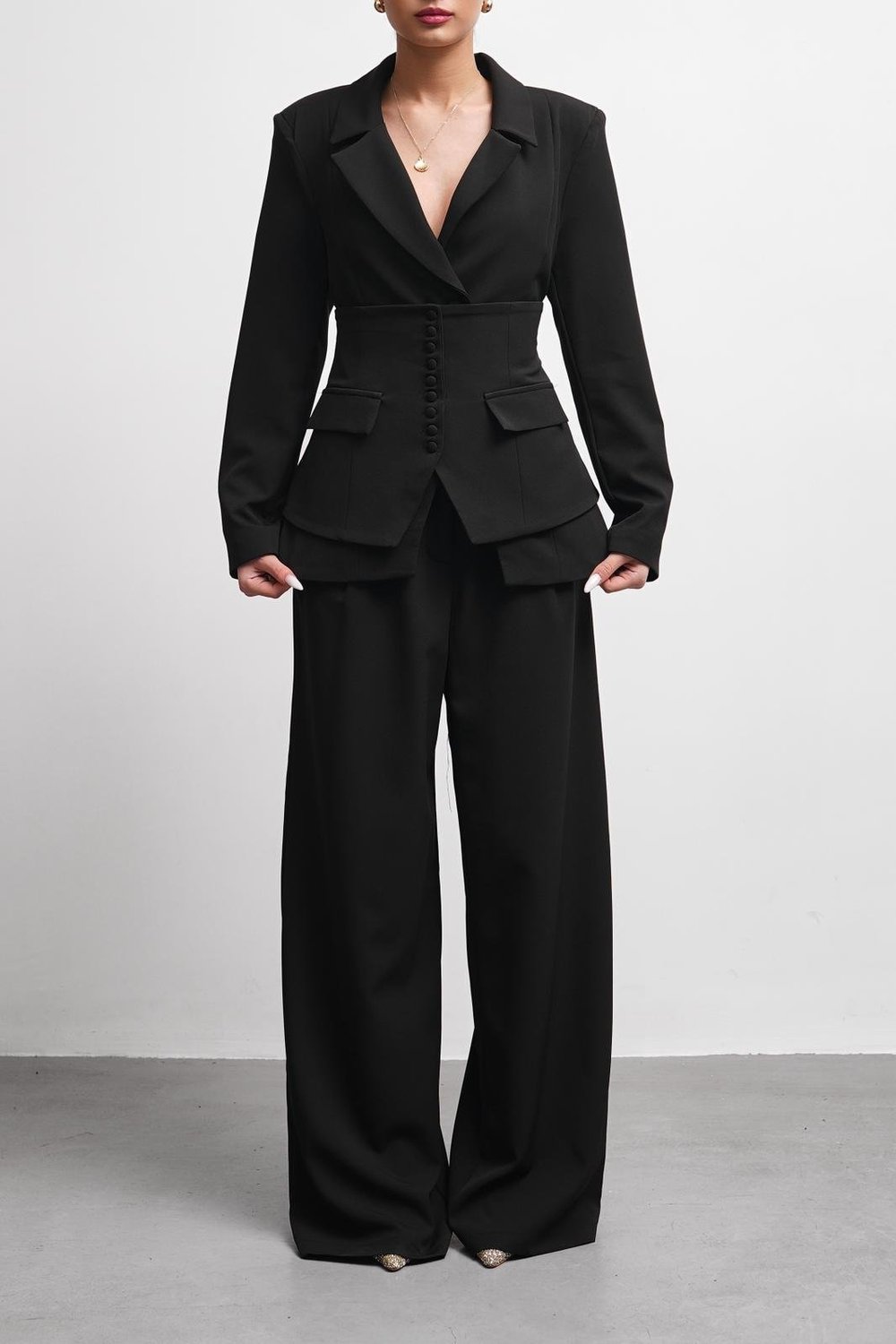 Calista Kruvaze Düğme Detay Siyah 3lü Takım