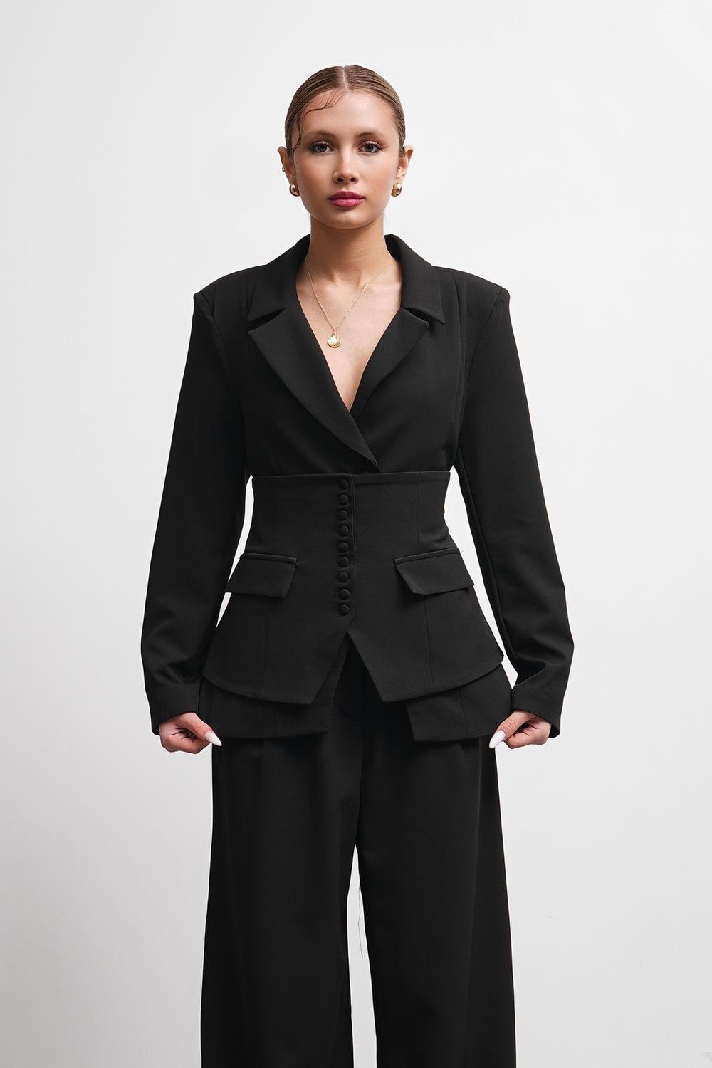 Calista Kruvaze Düğme Detay Siyah 3lü Takım