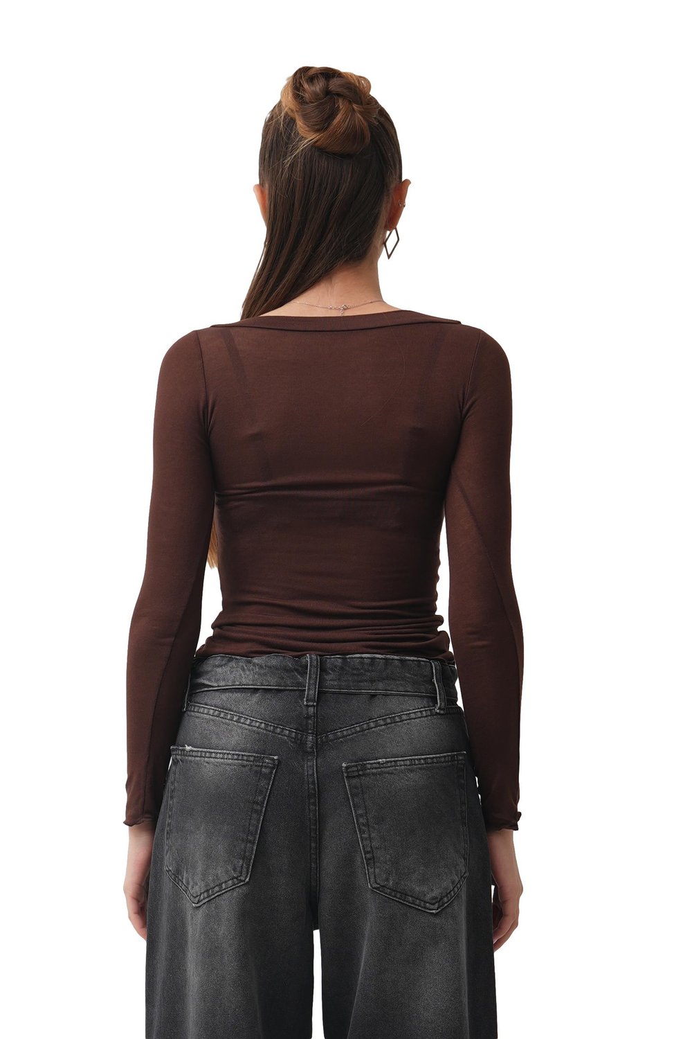 Chill Kahve Kayık Yaka Transparan Bluz