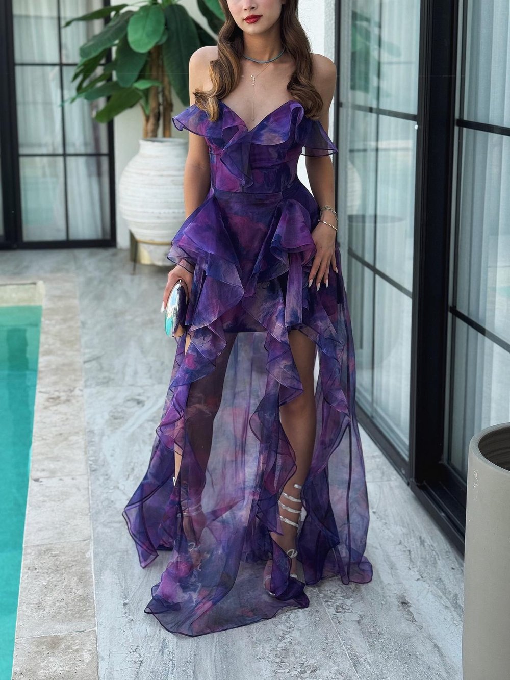 Cinderalla Straplez Fırfır Detay Şifon Tül Mor  Abiye  Elbise