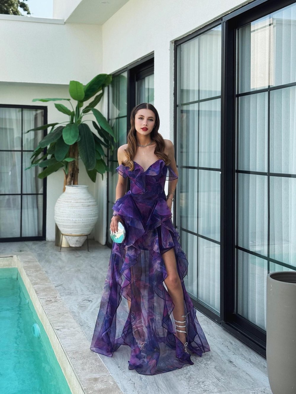 Cinderalla Straplez Fırfır Detay Şifon Tül Mor  Abiye  Elbise