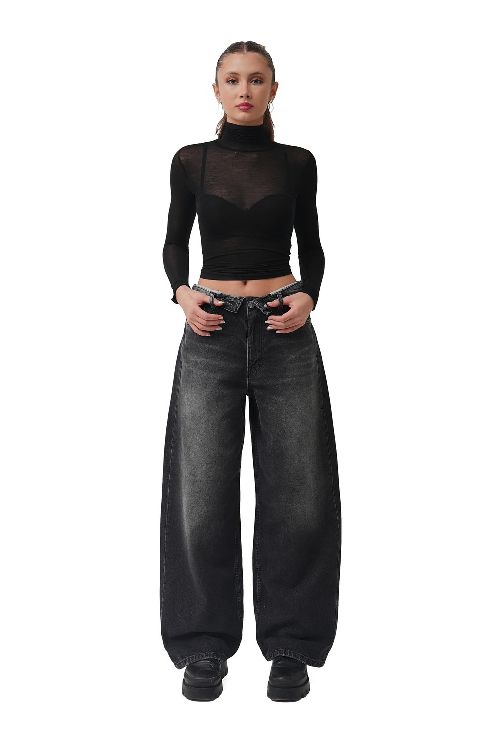 Crow Siyah Dik Yaka Transparan Bluz