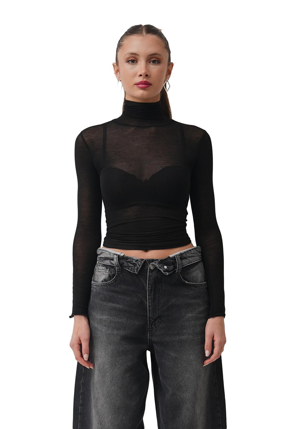 Crow Siyah Dik Yaka Transparan Bluz