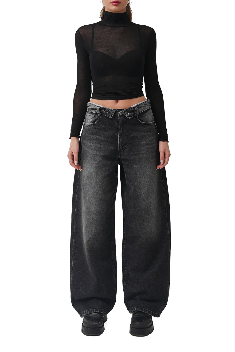 Crow Siyah Dik Yaka Transparan Bluz