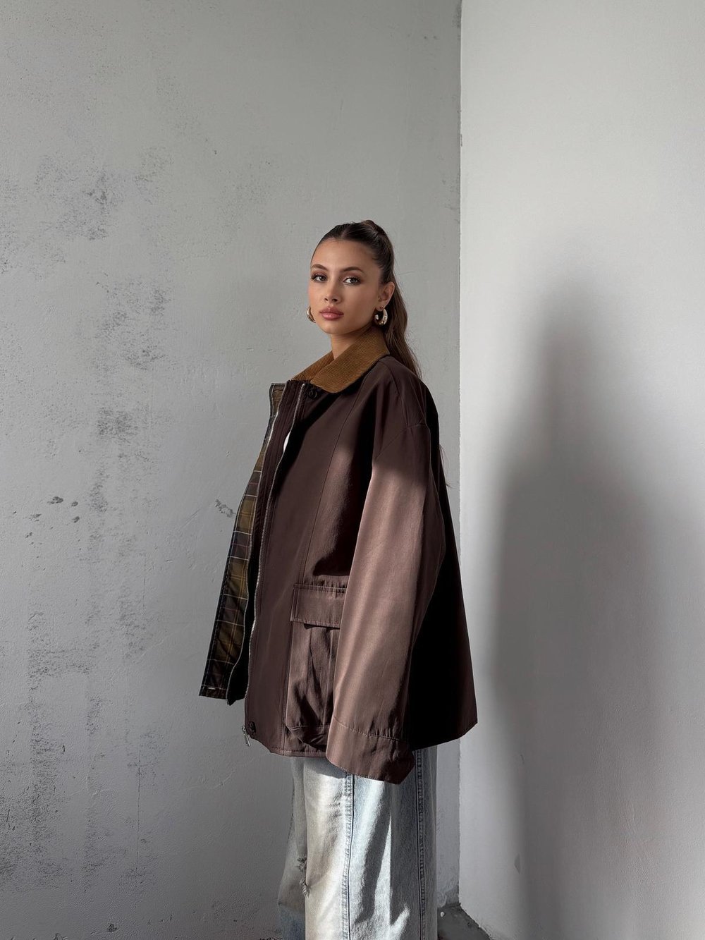 Elvar Yakası Kadife Detay Ekose Astarlı Acı Kahve Ceket