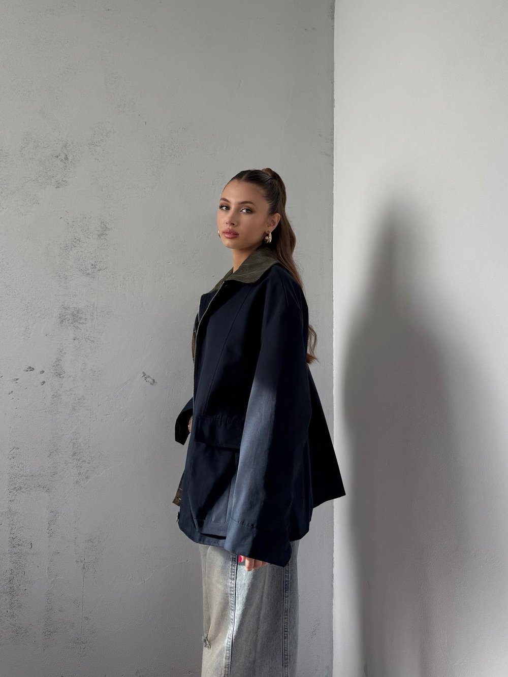 Elvar Yakası Kadife Detay Ekose Astarlı Lacivert Ceket