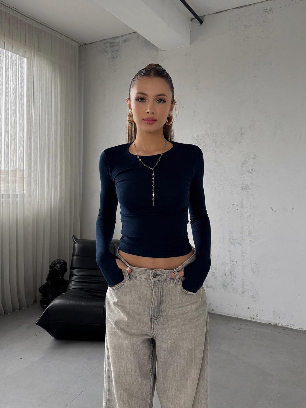 Fable Lacivert Parmak Geçmeli Oysh  Basic Bluz