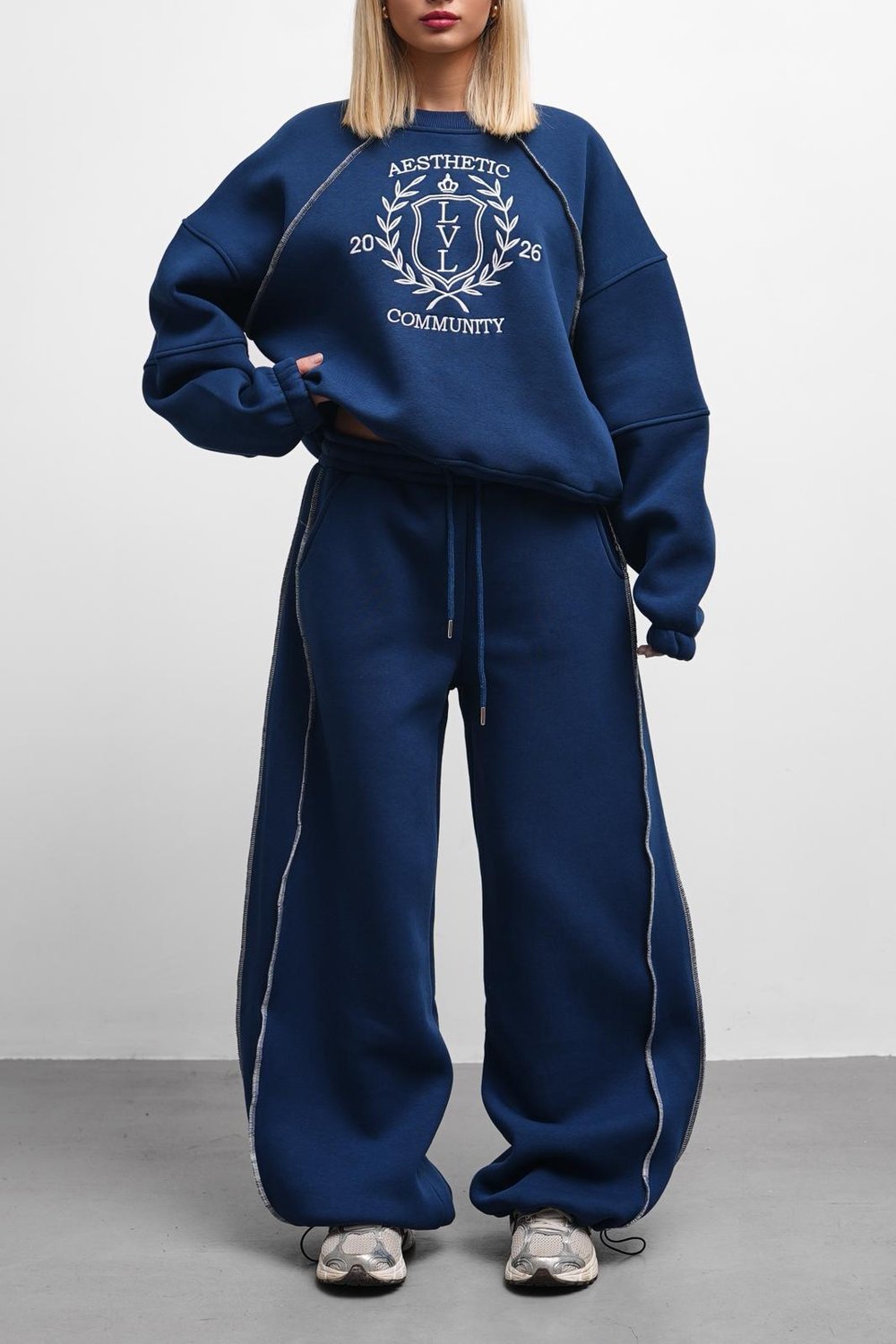 Fredom Bisiklet Yaka Nakış Detaylı Oversize Lacivert Eşofman Takımı