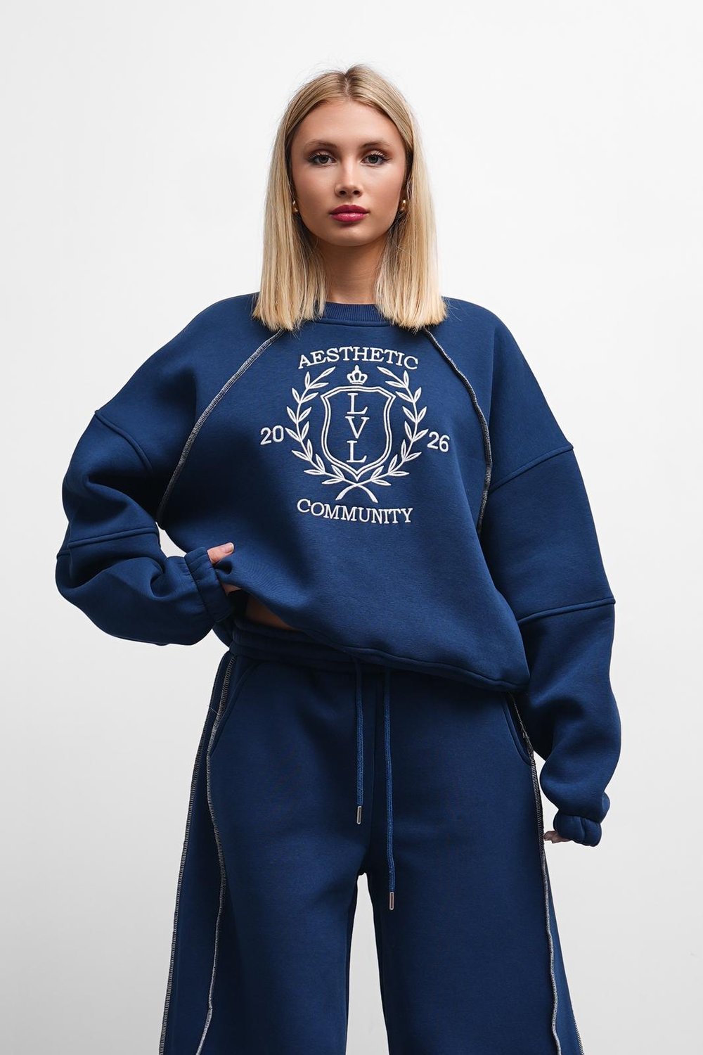 Fredom Bisiklet Yaka Nakış Detaylı Oversize Lacivert Eşofman Takımı